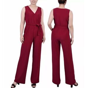 NY Collection Women's Petite Sleeveless Belted Beet Red  Jumpsuit PS